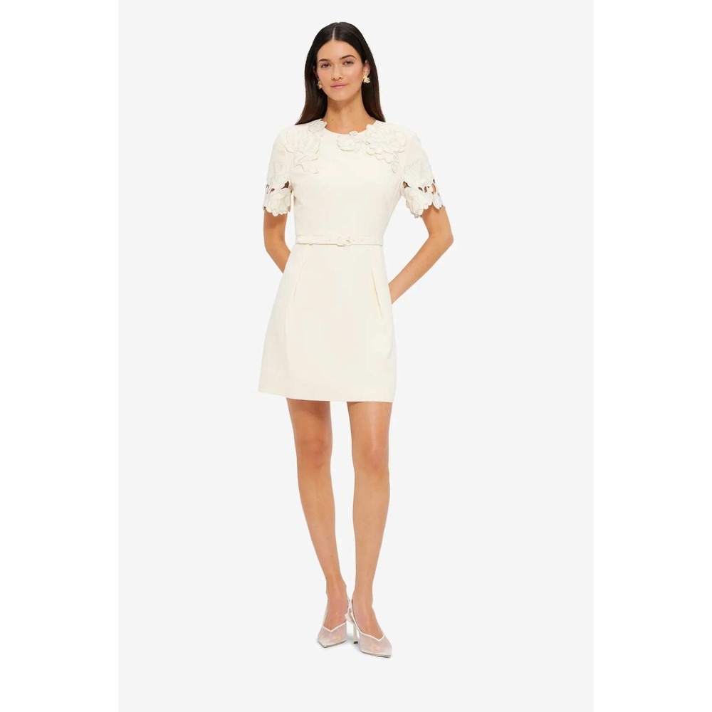 Leo Lin Aurelie Applique Short Sleeve Mini‎ Dress Size 10 Cream Floral Belted